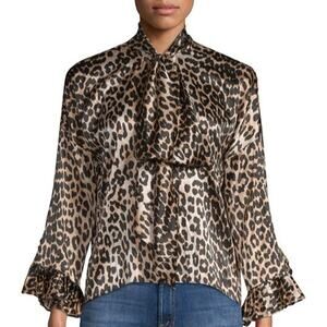 Ganni Calla silk blouse Sz 38 leopard print top long sleeve front tie A16